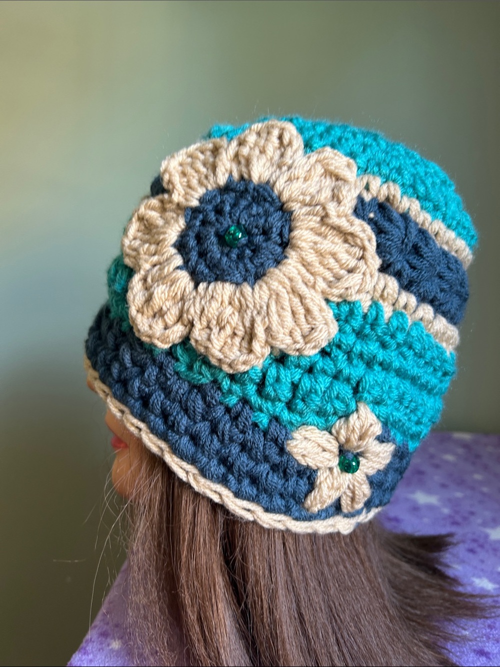 Handmade Crochet Flower Beanie - Teal, Navy & Cream medium acrylic